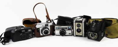 Various cameras and associated equipment, an AGFA camera, 9cm H, with pressed brown leather case, boxed cameras, etc. (a quantity)