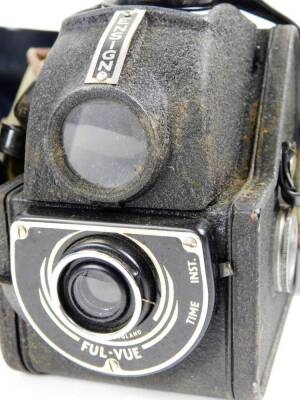 Various cameras and associated equipment, an AGFA camera, 9cm H, with pressed brown leather case, boxed cameras, etc. (a quantity) - 6