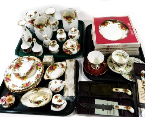 Various Royal Albert Old Country Roses wares, to include a pair of vases, 19cm H, lidded jar, various other vases, dishes, posy, art shaped trinket box, cased serving pieces, other cased plates, etc. (a quantity)