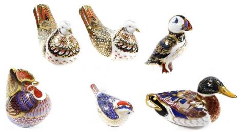 Six various Royal Crown Derby paperweight ornaments, to include cockerel, puffin, 12cm H, other birds, etc. (6, some boxed)