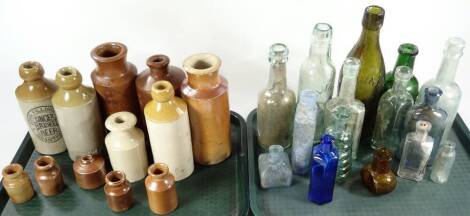 Various stoneware bottles, jars, etc. ink bottles, some named to include John Fillingham Grantham ginger beer bottle, two coloured stoneware, 19cm H, various glass bottles, etc. (a quantity)