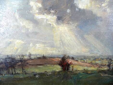 20thC English School. Landscape with storm gathering, oil on board, unsigned, 16cm x 23cm.