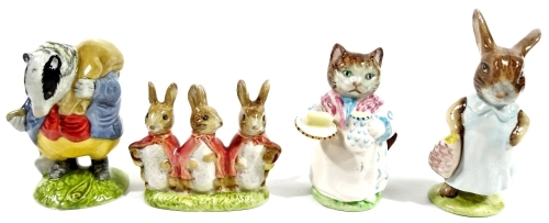 Various Beswick Beatrix Potter figures, comprising Tommy Brock, 10cm H, Mrs Ribby, Flopsy, Mopsy and Cottontail and Mrs Flopsy Bunny, printed marks beneath. (4)