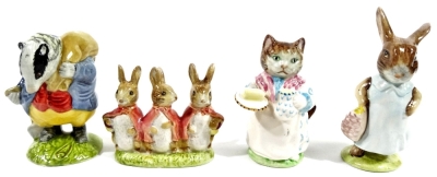 Various Beswick Beatrix Potter figures, comprising Tommy Brock, 10cm H, Mrs Ribby, Flopsy, Mopsy and Cottontail and Mrs Flopsy Bunny, printed marks beneath. (4)