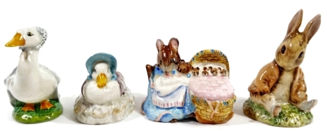 Various Beswick Beatrix Potter figures, comprising Rebeccah Puddle-duck, 9cm H, Hunca Munca, Benjamin Bunny and Jemima Puddle-duck Made A Feather Nest, marked beneath. (4)