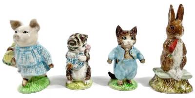 Various Beatrix Potter figures, comprising Little Pig Robinson, 10cm H, Miss Moppet, Fierce Bad Rabbit and Tom Kitten, printed marks beneath. (4)