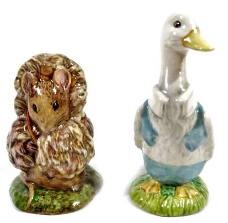 Two Beswick Beatrix Potter figures, comprising Mr Drake Puddle-duck, 11cm H, and Thomasina Tittlemouse, marked beneath. (2)