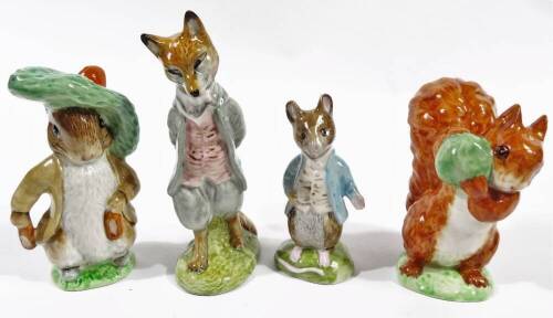 Various Beswick Beatrix Potter figures, Squirrel Nutkin, 10cm H, Johnny Town-Mouse, Benjamin Bunny and Foxy Whiskered Gentleman, marked beneath. (4)