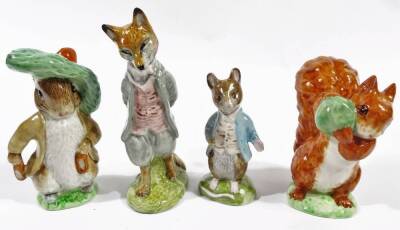 Various Beswick Beatrix Potter figures, Squirrel Nutkin, 10cm H, Johnny Town-Mouse, Benjamin Bunny and Foxy Whiskered Gentleman, marked beneath. (4)