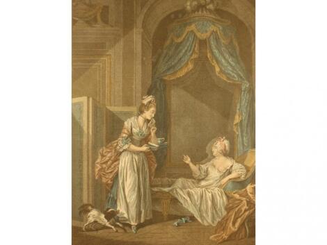 19thC French School. Le Bain and Le Coucher. A pair of hand coloured copper engravings