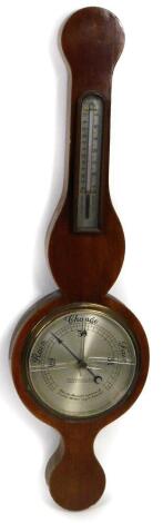 An early 20thC chequer-banded mahogany wheel barometer, with thermometer, by W. Greenwood & Sons, Leeds & Huddersfield, 77cm L.