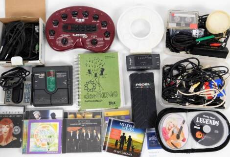 Various music related electrical items, etc. POD line six amp controller, 26cm W, a Westfield quartz tuner, various related ephemera, wires, Polo Mint advertising radio, etc. (a quantity)