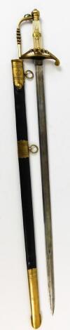 A naval sword, with black leather scabbard with brass mounts, set with an anchor, with plain blade, shaped handle, brass angular guard with compressed bead work and crown pommel, 98cm W.