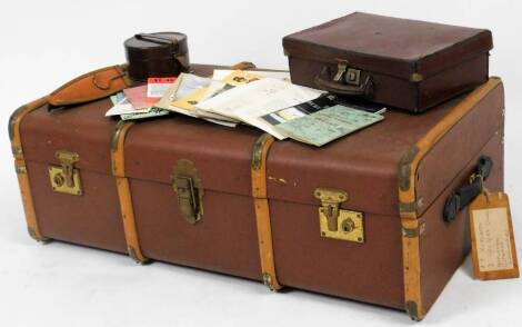 An early 20thC pressed leather steamer trunk, with partial wooden banding and fitted interior, 30cm H, 93cm W, 53cm D, and a further case with collar box, ephemera, brush, etc. (a quantity)