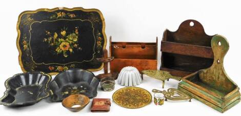 Various Bygones, treen, etc. an oak two sectional hanging spice rack, 31cm W, a papier mache tray, a brass iron trivet, base metal mould, further papier mache, desk tidy, pipe rack, etc. (a quantity)