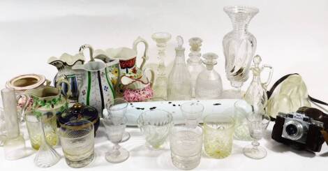 Various 19thC glassware and pottery, a Gaudy Welsh jug, 21cm H, glass rolling pin, Super Paxette Braun camera, Regency and other cut glass decanters, drinking glasses, vase, etc. (a quantity)