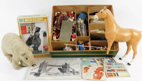 Various children's toys, etc. an early 20thC plush jointed polar bear, 37cm W, various Lego, early Action Man, Native Indian figure boxed children's microscope, etc. (a quantity)