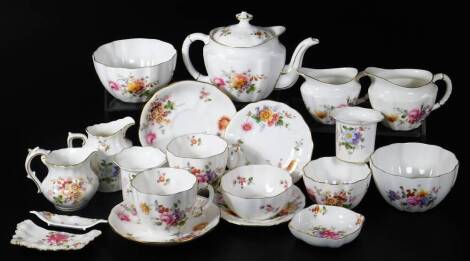 A Royal Crown Derby Posies pattern part miniature service, to include teapot, 14cm H, milk jug, cups, cream jug, serving pieces, bowls, etc., printed marks beneath. (a quantity)