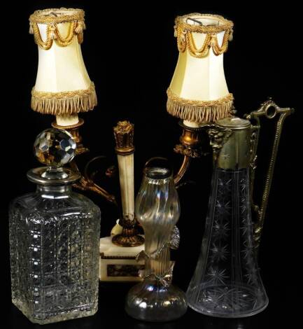 Various glassware and effects, a claret jug of trumpet form with etched body and plated angular mounts, 29cm H, decanter with silver collar, other glassware, table lamp and a Loetz style vase with silver collar. (a quantity)