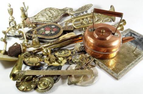 Various brassware, a Corton trumpet, with three buttons and a separate mouthpiece, 42cm W, andirons, dishes, toasting fork, copper kettle, two fire bellows, Picquot ware part service, etc. (a quantity)