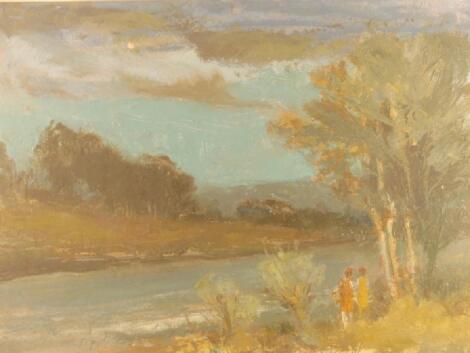 20thC English School - Landscape with Figures by a River