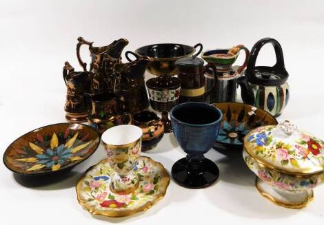 Various 19thC copper lustre ware, etc. to include a jug with flared rim and textured scroll body, with shaped handle, 20cm H, a Longdale Rural Craft Centre studio goblet, various Hammersley china, plate, lidded jar, etc. and a Mason's type jug with drag