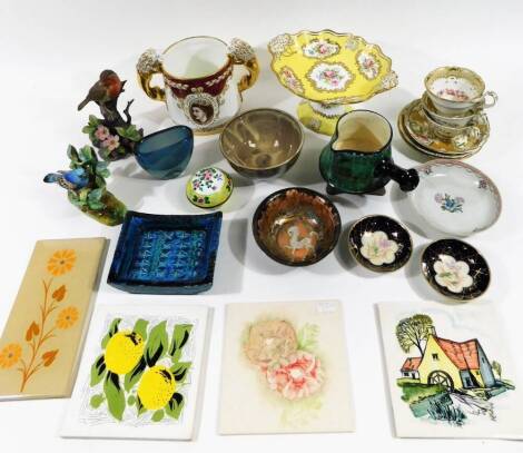 Various collectable china, glass, etc. to include a Queen Elizabeth II Crown Staffordshire limited edition loving cup, 18cm H, a Sagitta Holland enamel dish, a studio Norway soup bowl, early 19thC Newhall saucer, Chinese enamel dish and cover, Hammersley