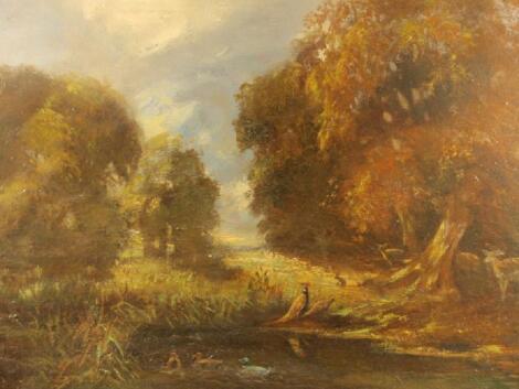 20thC English School - Landscape with figures of deer