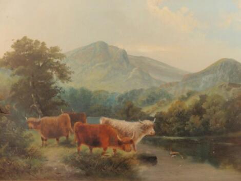 S F Morris - Highland landscape with highland cattle on the banks of a loch