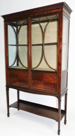 An Edwardian mahogany display cabinet, the fixed dentil cornice raised above a pair of astragal glazed doors with panels beneath, on square tapering legs terminating in spade feet, joined by a shelf, 170cm H, 105cm W, 31cm D.