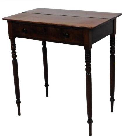 A 19thC mahogany side table, the oblong top raised above a frieze drawer, on turned cylindrical legs, 74cm H, 72cm W, 43cm D.