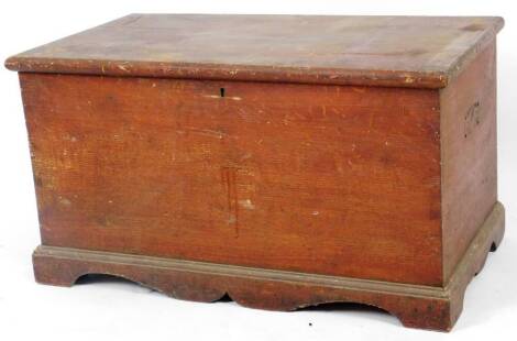 A 19thC pine tool chest, of rectangular form, on a block base, partially stained, 53cm H, 95cm W, 51cm D.