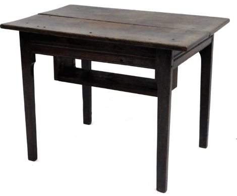 An early 19thC oak side table, the rectangular plank top on a plain frieze with tapering legs, adapted, 78cm W.