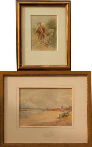 E.W. Collins. A Suffolk estuary, watercolour, signed with initials, 12cm x 18cm and a small watercolour of a farmhand with heavy horse, signed with initials SRC and dated 1912 (2).