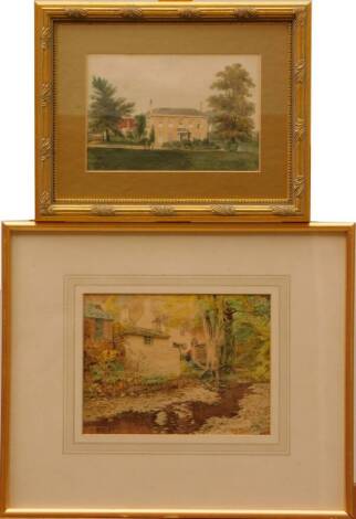 A.A. Fields. River scene with cottage, watercolour, signed, 16cm x 21cm and another small watercolour of a country house, 15cm x 19cm. (2)