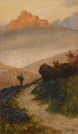 Alfred Grahame. Northern landscape with a figure, watercolour, signed, 30cm x 17cm.