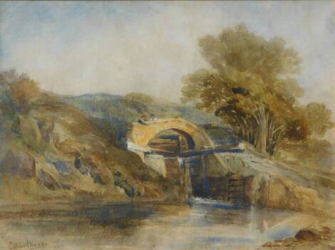 Cuthbert Knox (19thC). Two figures on a stone bridge over lock gates and canal, watercolour, signed, 19cm x 27cm.