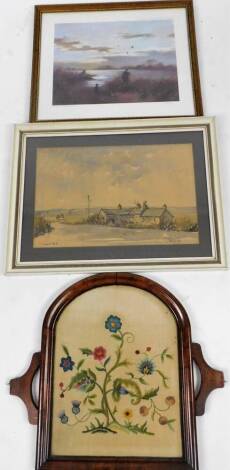 A 19thC needlework, set with flowers in an arched mahogany frame, 54cm H, 46cm W, and after John Trickett, huntsmen and gundog, artist signed print, numbered 133, and 20thC school cottage pen, ink and wash, indistinctly signed.