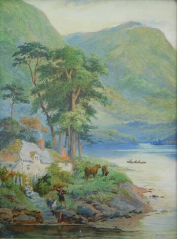 G. MacRae. A Highland loch scene with cottages and figures, watercolour, 40cm x 30cm.