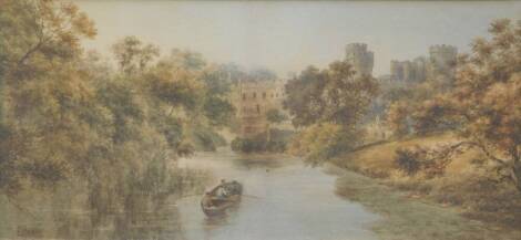 Edith Anne Hoare (1875-1955). Warwick Castle from the river, with figures in a boat, watercolour, 16cm x 36cm.