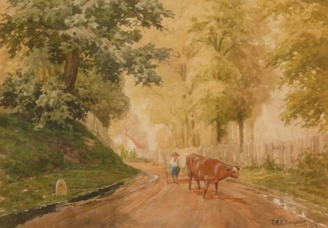 T.R. Ellingham. A country scene with a drover and cow, watercolour, signed and dated 1918, 25cm x 36cm.