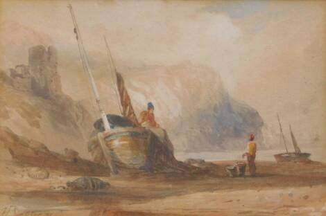 H. Simpson. Coastal scene with a Martello tower, beached boats and figures, watercolour, signed and dated 1881, 15cm x 22cm.