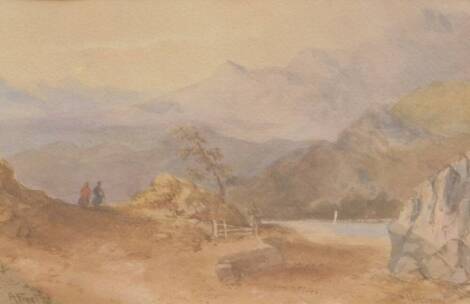 Angus Frost. Mountainous loch scene at Palbirnie, with figures, watercolour, signed, 16cm x 25cm.