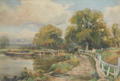 Edward Davies. Canal scene in the Midlands with figures on a towpath, watercolour, signed, 26cm x 36cm.