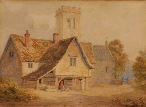 19thC English School. A rural scene with church, cottages and figures, watercolour, 19cm x 26cm.