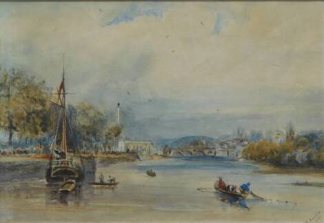 J. Dankin. A river scene with a town in the distance and fishermen hauling nets, watercolour, signed and dated 1887, 19cm x 29cm.