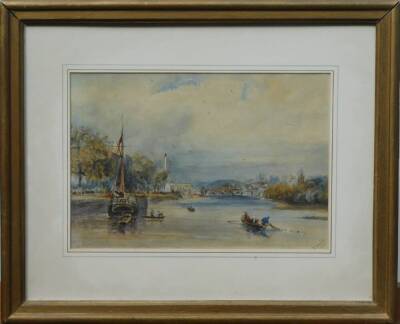 J. Dankin. A river scene with a town in the distance and fishermen hauling nets, watercolour, signed and dated 1887, 19cm x 29cm. - 2