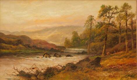 H.E. Jones. Highland river scene with fishermen, oil on canvas, signed and dated 1912, 40cm x 70cm.