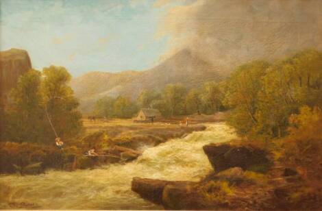 J. Green. A mountainous river landscape with fishermen and figures, oil on canvas, 50cm x 70cm.