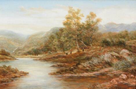 A. McBey. A Highland landscape with faggot gatherers on the banks of a river, oil on canvas, signed and dated 1891, 30cm x 44cm.